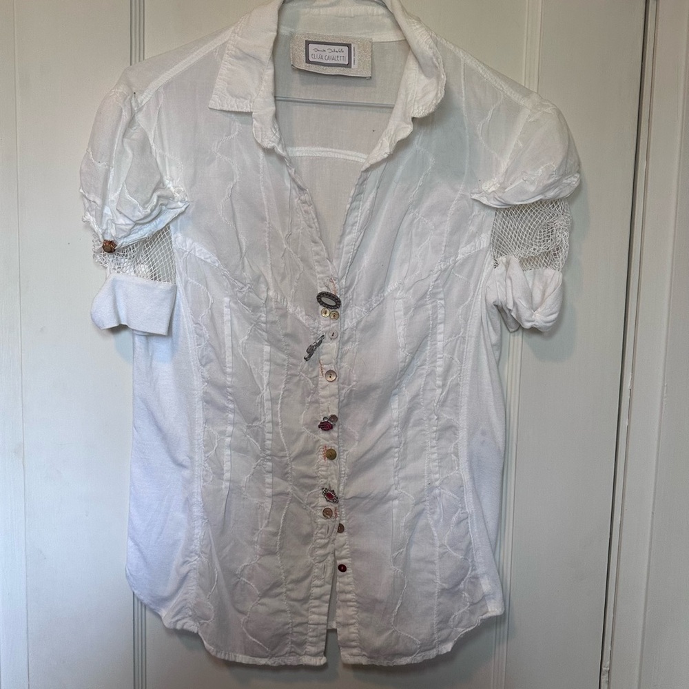 Elisa Cavaletti White Short Sleeve Button Down, Embellished with Beads, Mesh